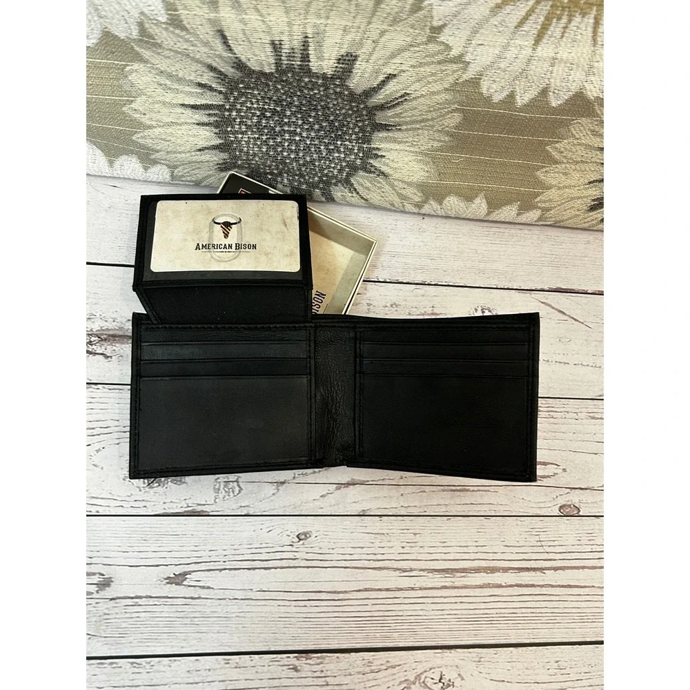 American Bison Mens Black Leather‎ Bifold Wallet RFID Secure Genuine Leather